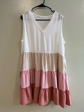 Tiered V-Neck Sleeveless Colorblock Dress - White, Cream, Blush, Rose